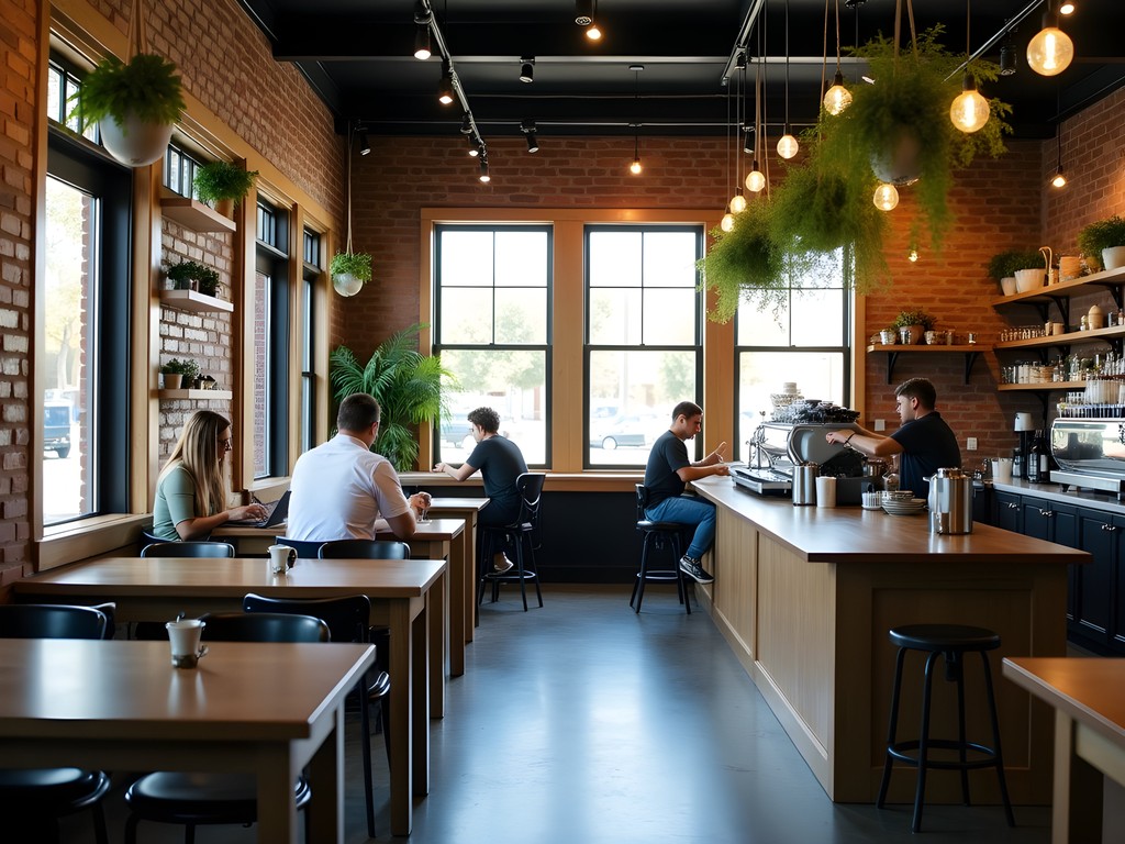 Modern coffee shop interior with wooden tables, plants, and laptop-friendly workspace in Carson City