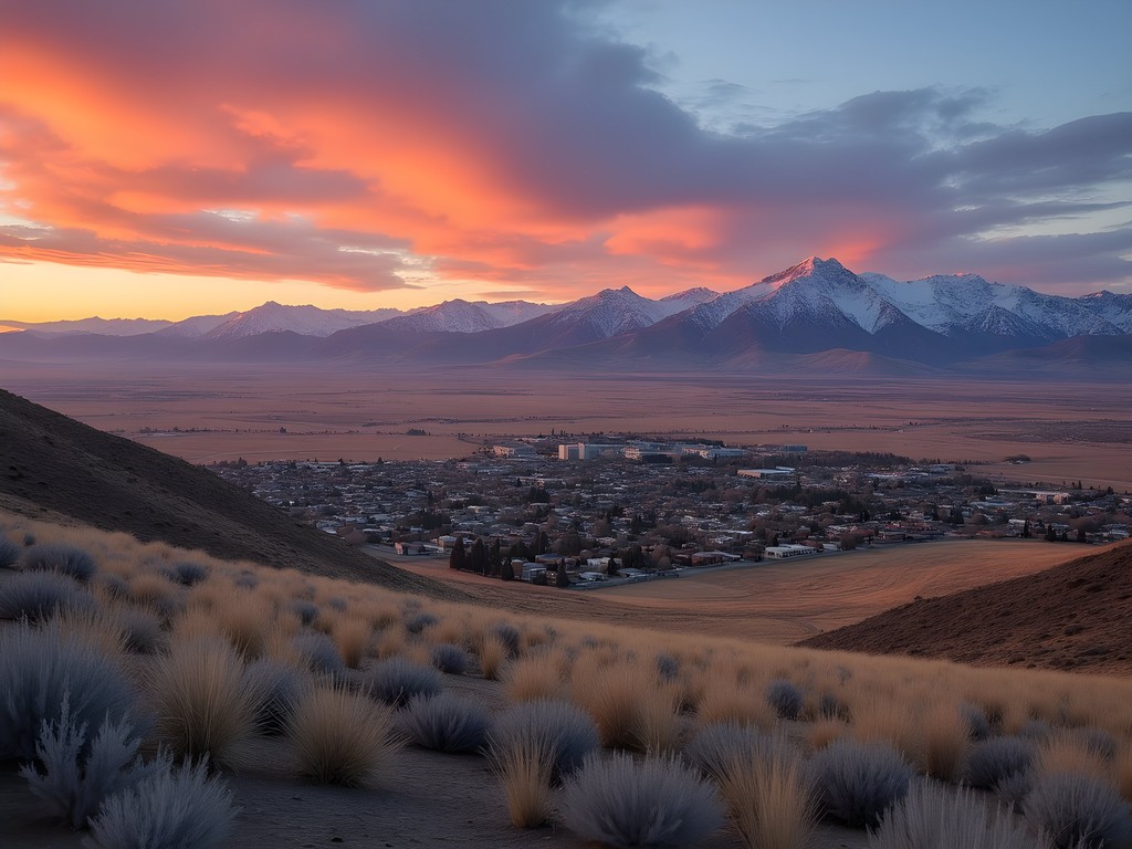 Panoramic sunset view from Prison Hill showing Carson Valley and Sierra Nevada mountains