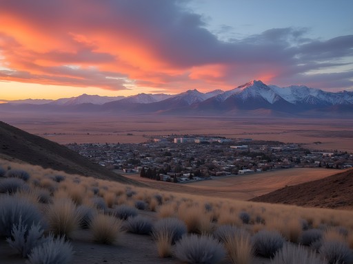 Panoramic sunset view from Prison Hill showing Carson Valley and Sierra Nevada mountains