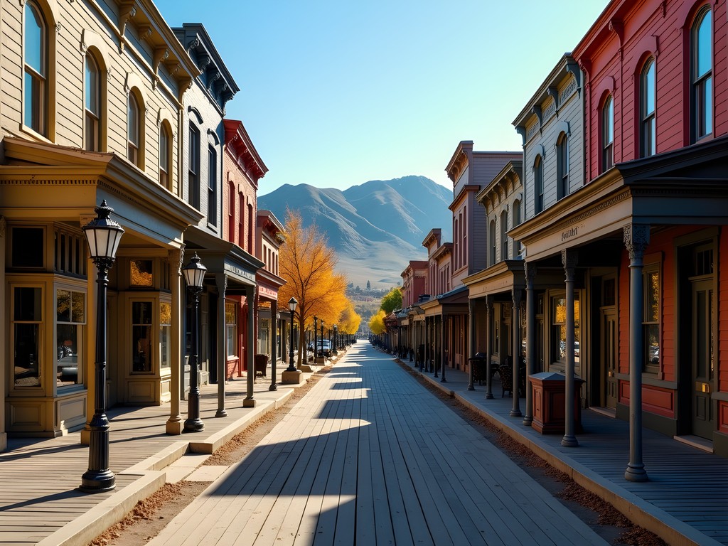 Historic wooden sidewalks and Victorian buildings in Virginia City, Nevada during fall