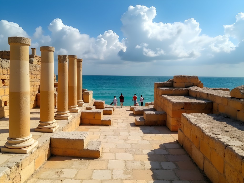 Ancient Antonine Baths ruins in Carthage with Mediterranean Sea backdrop