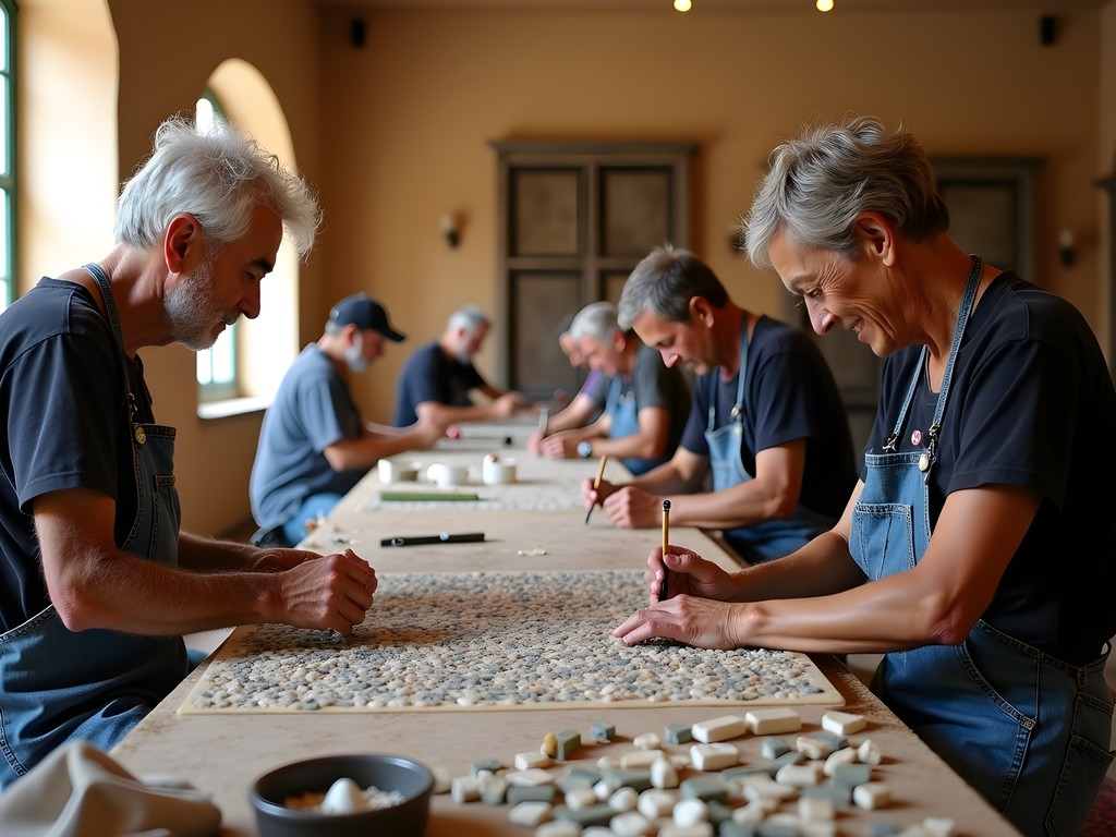 Traditional mosaic workshop in Carthage with local artisans demonstrating ancient techniques