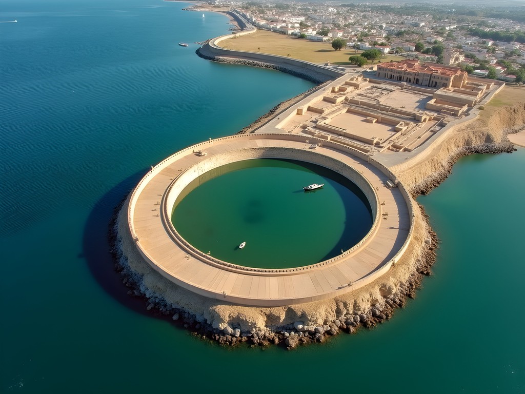 Aerial view of ancient Punic Ports in Carthage showing circular military harbor