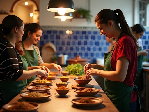 Women learning to prepare Moroccan tagine at La Sqala cooking class in Casablanca