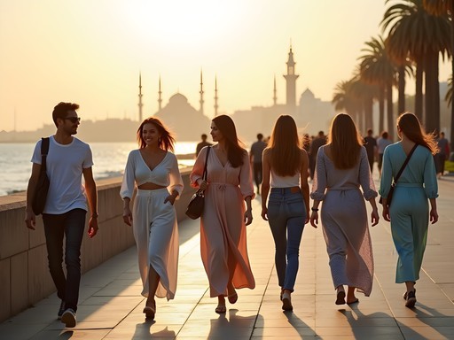 Women in diverse attire walking along Casablanca's Corniche oceanfront promenade