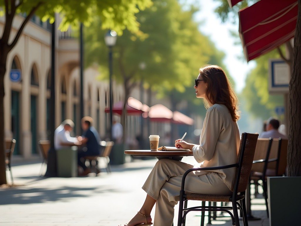 Woman enjoying coffee at outdoor cafe in Casablanca's Gauthier district