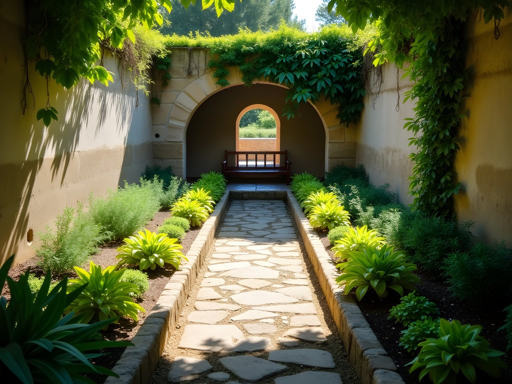 Serene herb garden at the Convent of Nossa Senhora da Piedade in Cascais with medicinal plants and stone pathways