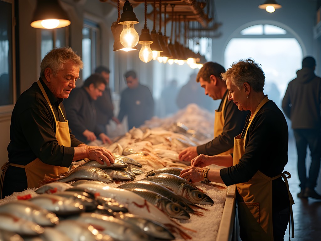Early morning scene at Mercado da Vila fish market in Cascais with local vendors and fresh catch displays