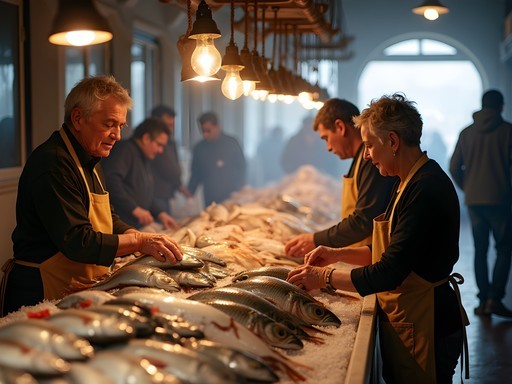 Early morning scene at Mercado da Vila fish market in Cascais with local vendors and fresh catch displays