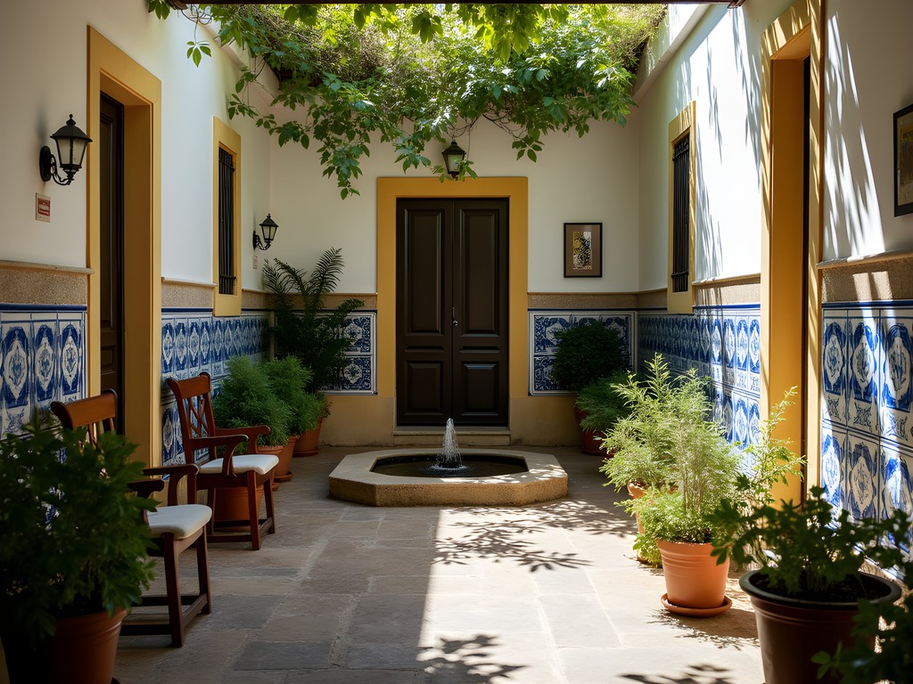 Traditional Portuguese guesthouse courtyard with azulejo tiles and herb garden in Cascais