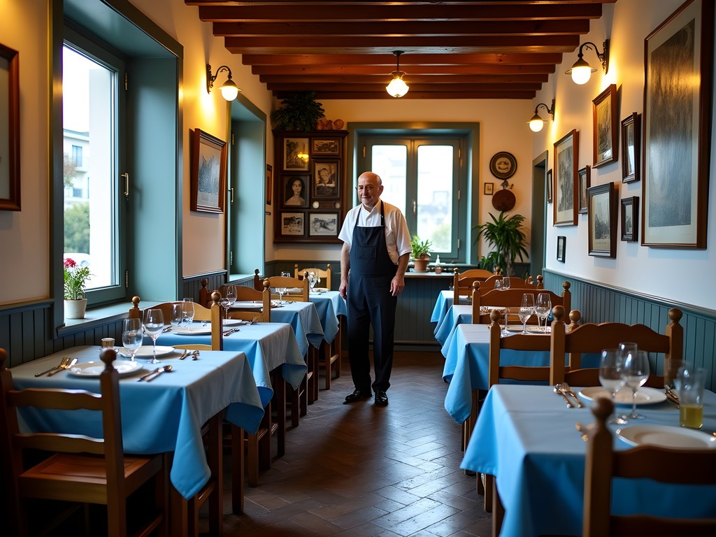 Interior of traditional Portuguese tasca in Cascais with rustic wooden tables and local seafood dishes