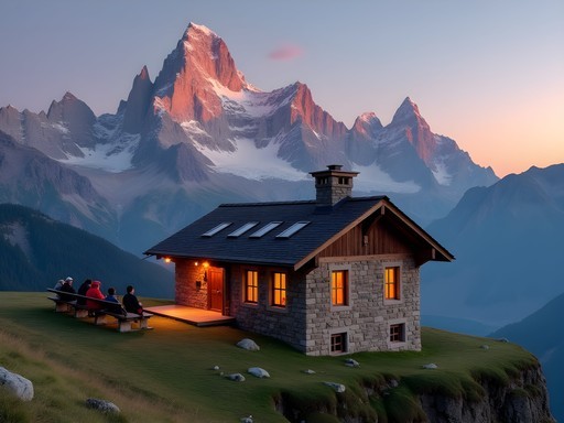 Alpine refuge mountain hut with sunset over Mont Blanc range