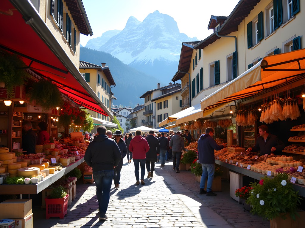 Chamonix Saturday market with Mont Blanc in background