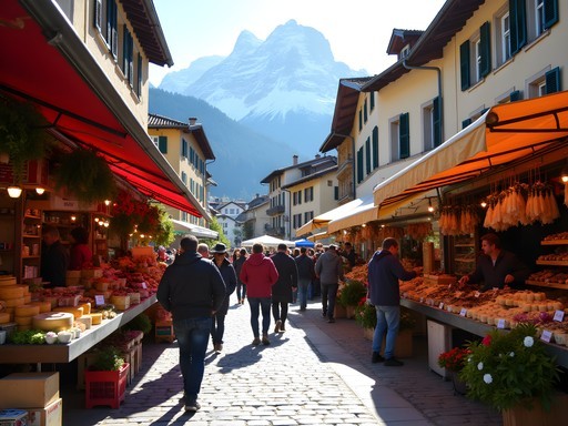 Chamonix Saturday market with Mont Blanc in background