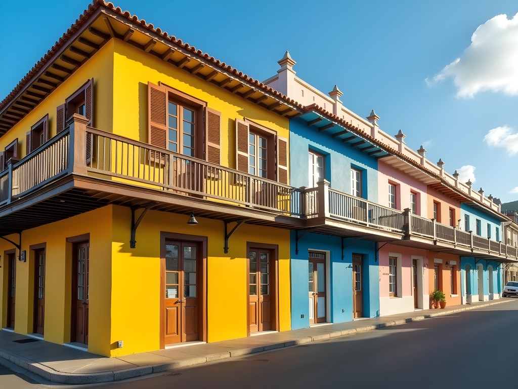 Historic Georgian architecture along Charlestown's Main Street with colorful buildings
