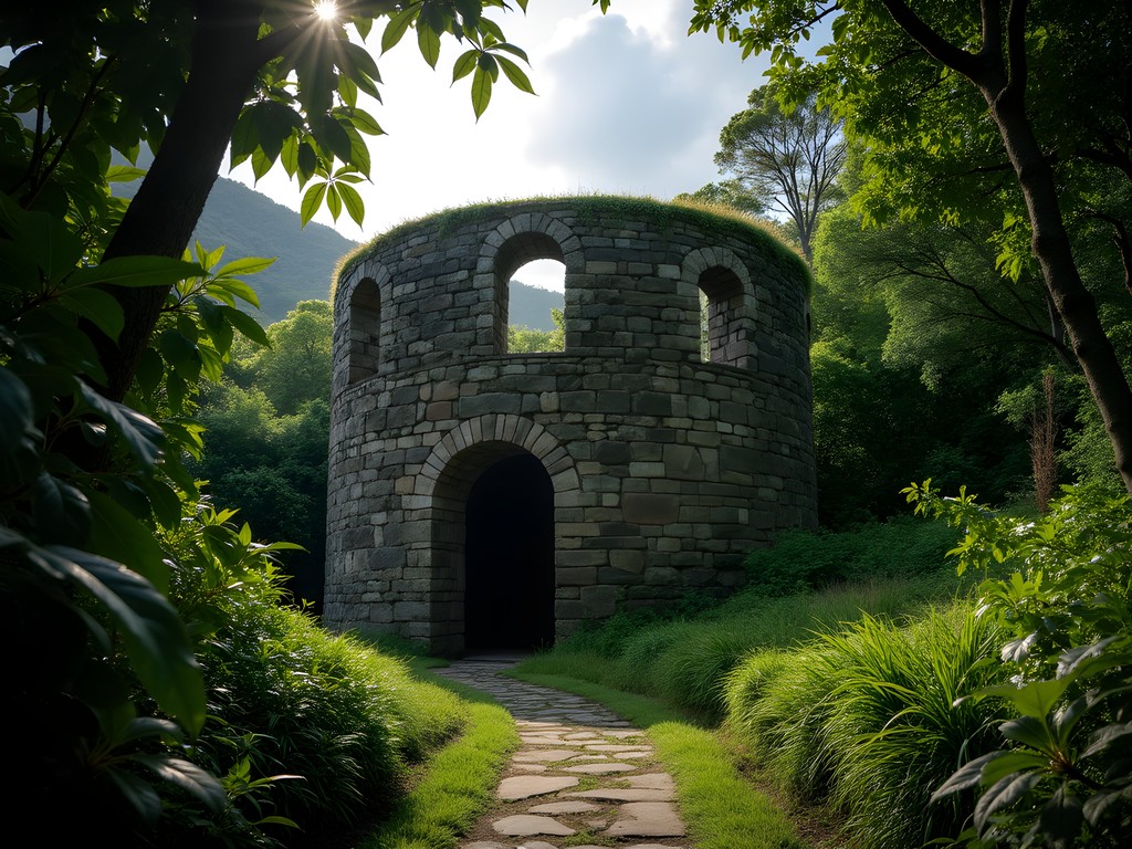 Historic sugar mill ruins on Nevis with tropical vegetation