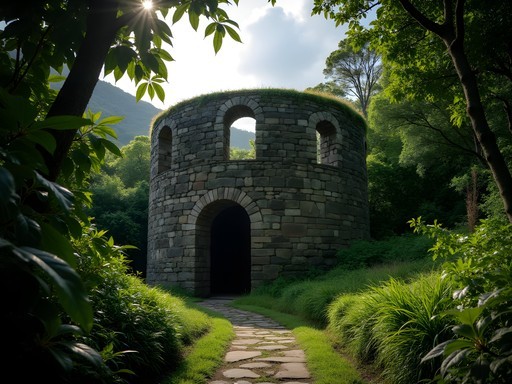 Historic sugar mill ruins on Nevis with tropical vegetation