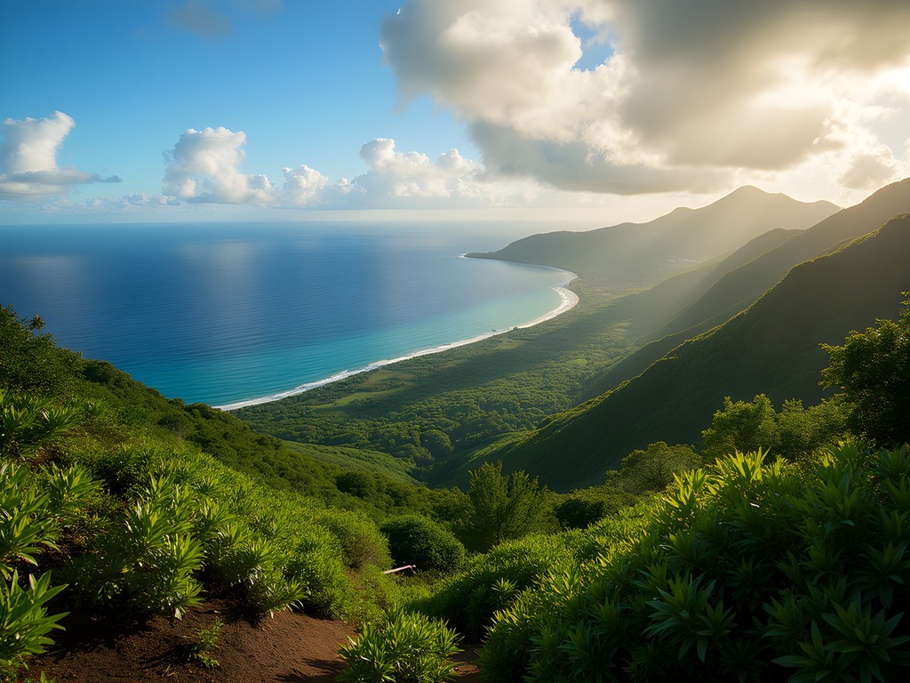 Panoramic view from Nevis Peak trail showing the Caribbean Sea and St. Kitts in the distance