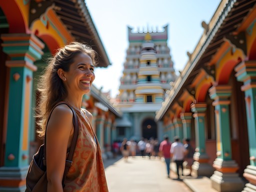 Solo female traveler respectfully visiting Kapaleeshwarar Temple in Chennai