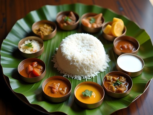 Traditional South Indian thali meal served on banana leaf in Chennai restaurant