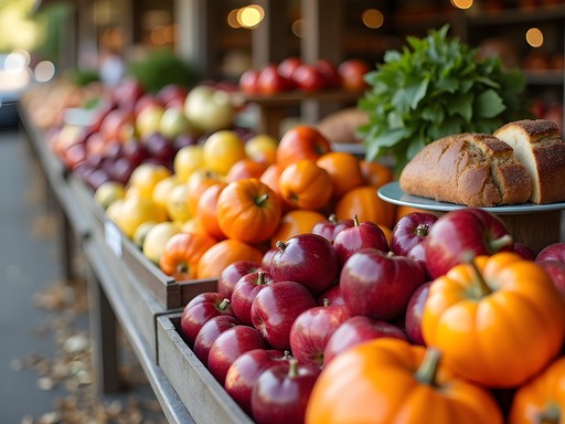 Colorful fall produce display at Colchester Farmers' Market in Vermont
