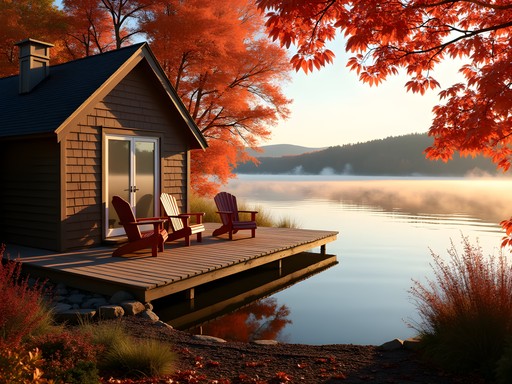 Cozy lakeside cottage with fall foliage in Colchester, Vermont