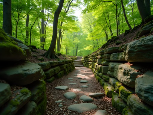 Scenic forest trail with exposed rock formations at Woolly Hollow State Park