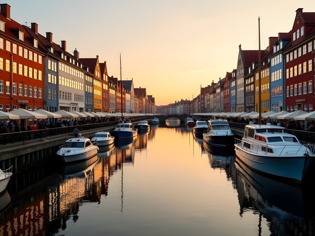 Sunset view of historic buildings along Christianshavn's canals in Copenhagen