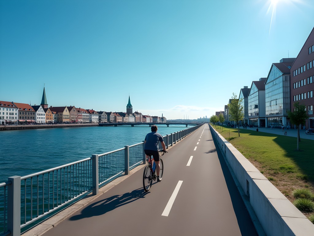 Cyclist on Copenhagen's dedicated harbor cycling path with modern architecture in background