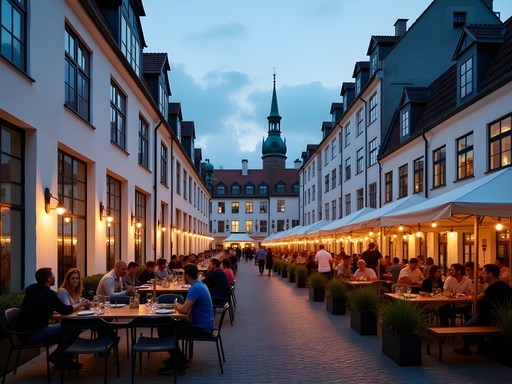Evening atmosphere in Copenhagen's Meatpacking District showing preserved industrial architecture with modern dining