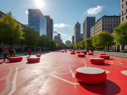 The distinctive red surface of Superkilen urban park in Copenhagen with diverse urban furniture
