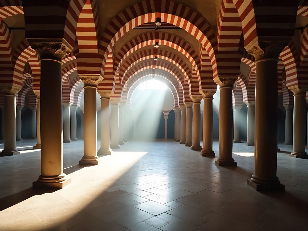 Morning light streaming through arches in Cordoba's Mezquita