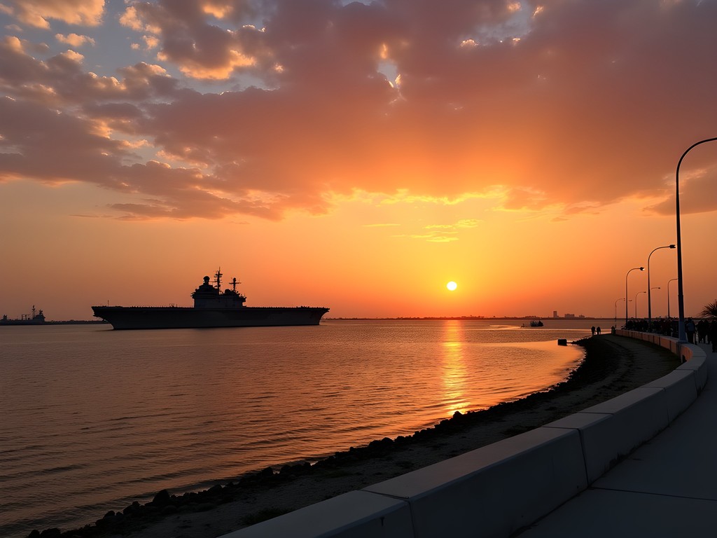 Sunset over Corpus Christi Bay with USS Lexington silhouette and seawall