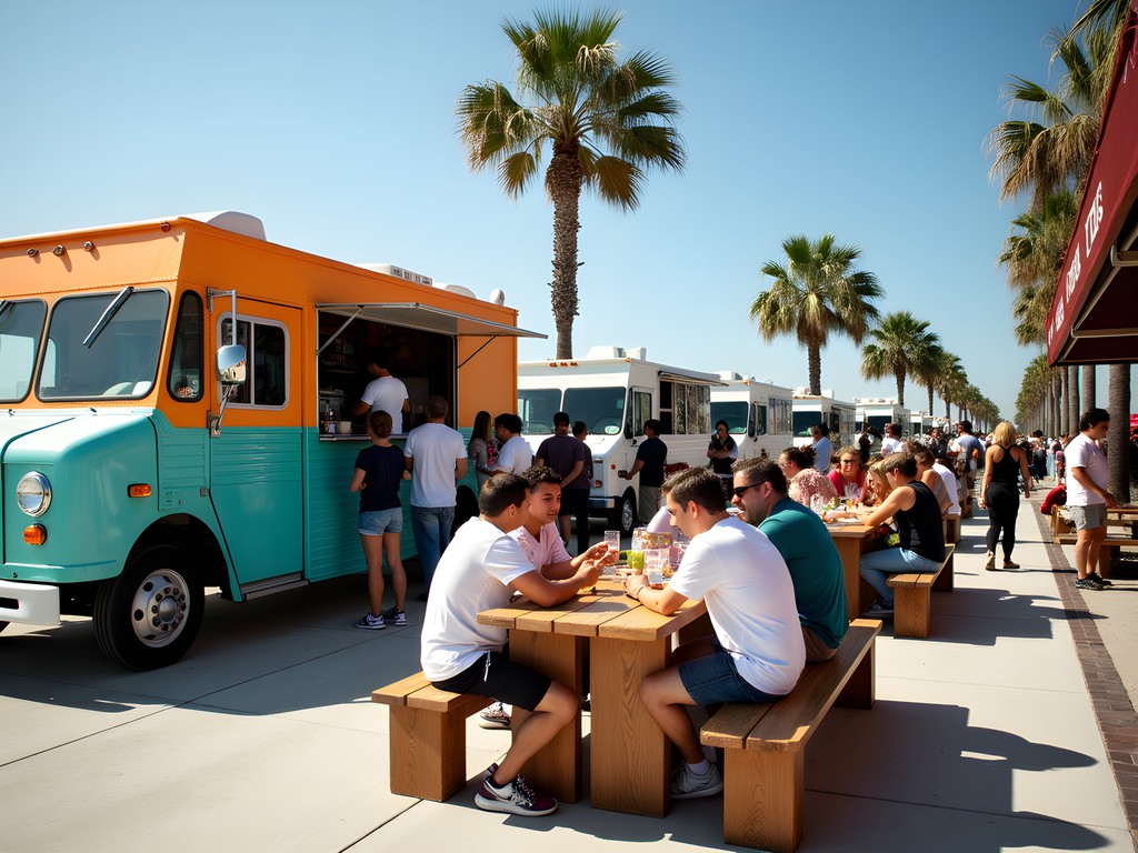 Colorful food trucks with diverse customers gathering at tables in Corpus Christi