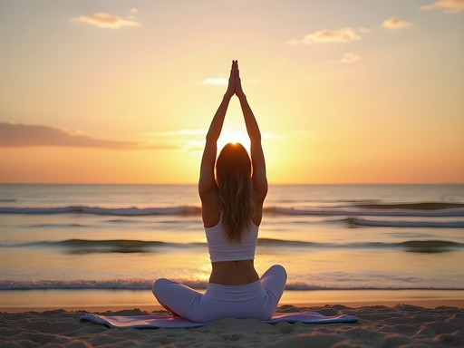 Woman practicing yoga on empty beach at sunrise on North Padre Island