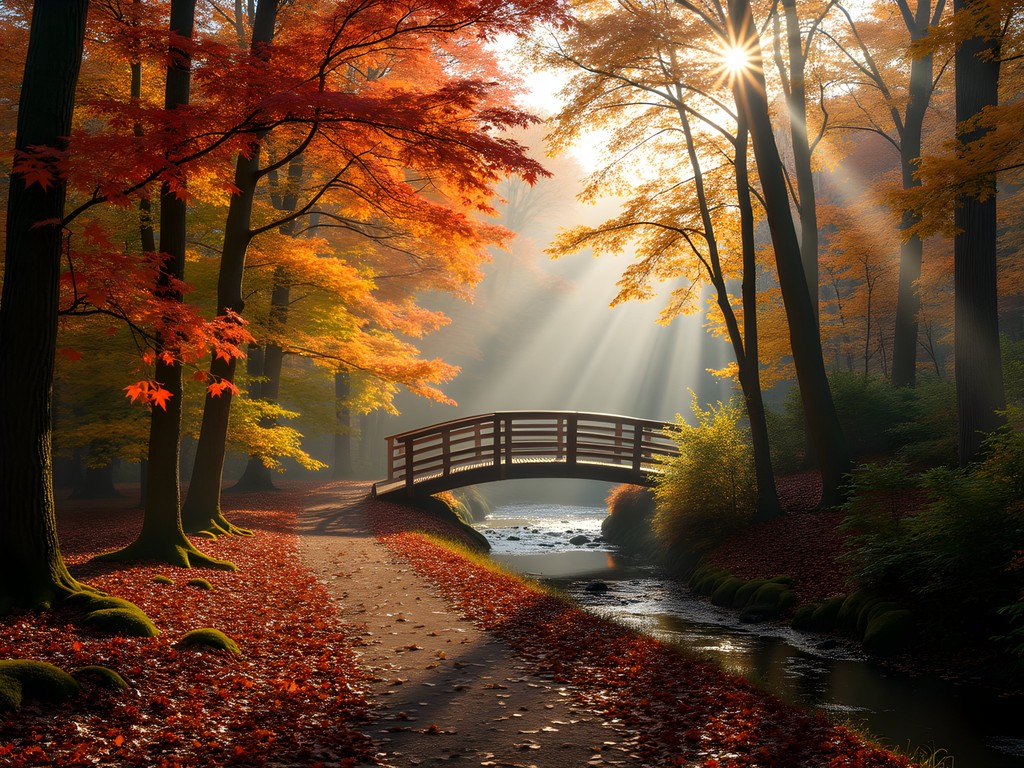 Sunlight filtering through colorful autumn foliage on Meshanticut Park trail