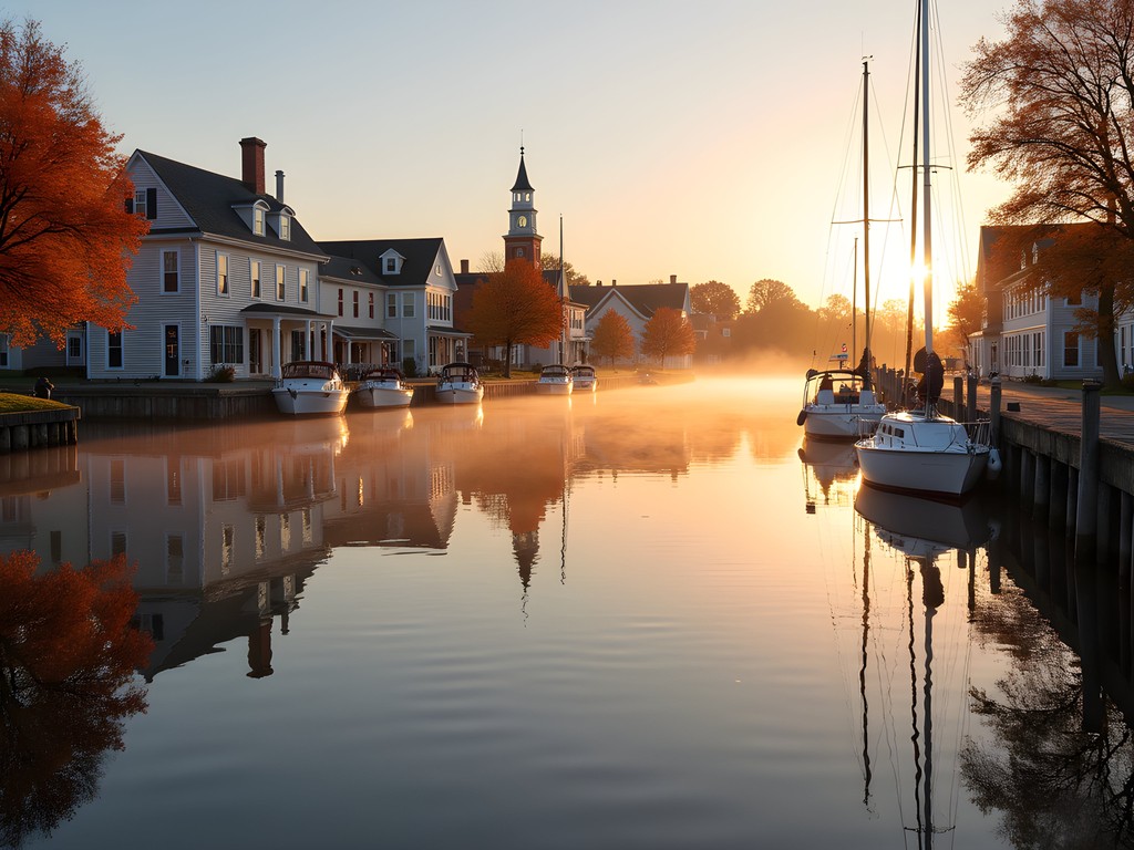Historic Pawtuxet Village harbor at sunrise with autumn foliage