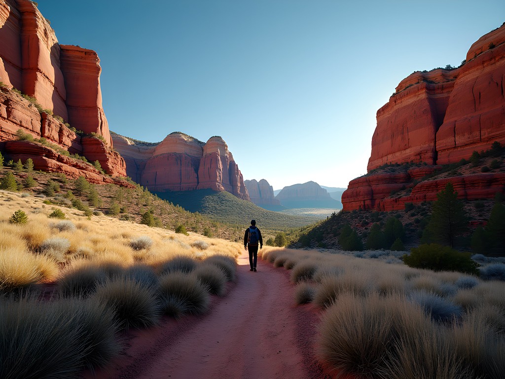 Solo hiker on Trading Post Trail at Red Rocks Park with dramatic red sandstone formations