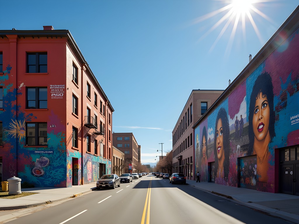 Colorful street art murals in Denver's RiNo Art District with pedestrians exploring