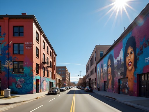 Colorful street art murals in Denver's RiNo Art District with pedestrians exploring