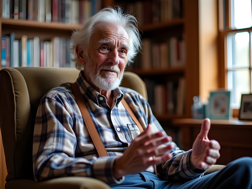 Local elder sharing stories with traveler in a small-town setting in Dickinson, North Dakota