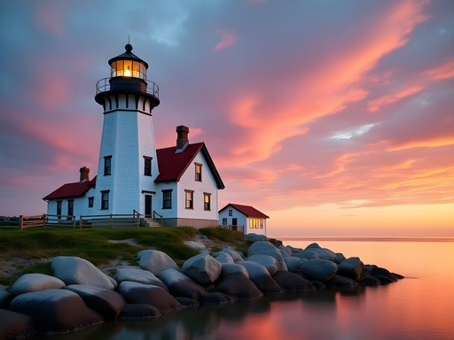 Cana Island Lighthouse at sunrise with dramatic clouds and calm water