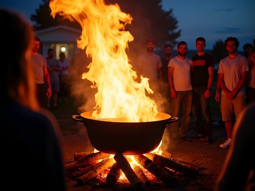 Traditional Door County fish boil with flames illuminating evening gathering