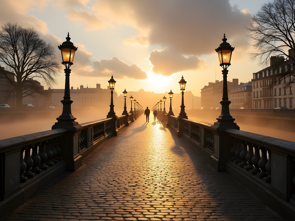 Solo traveler crossing Ha'penny Bridge in early morning Dublin light