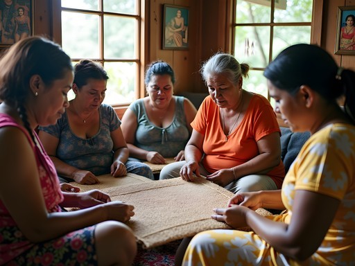 Marshallese women preparing traditional pandanus mats for kemem celebration
