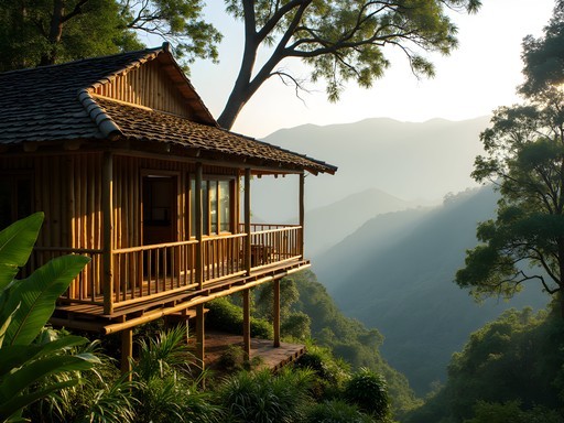 Elevated bamboo cottage with private balcony overlooking Ella valley