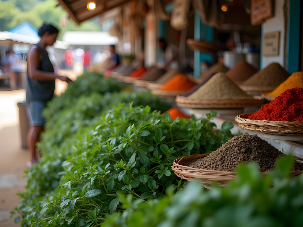 Researcher examining fresh medicinal herbs at Ella morning market