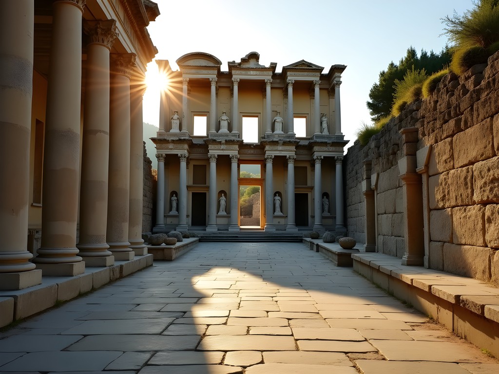 Early morning light illuminating the facade of Library of Celsus in Ephesus with no crowds