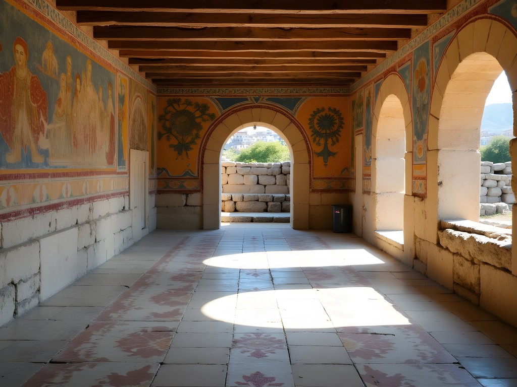 Ancient mosaic floor and frescoes in the Terrace Houses excavation site at Ephesus
