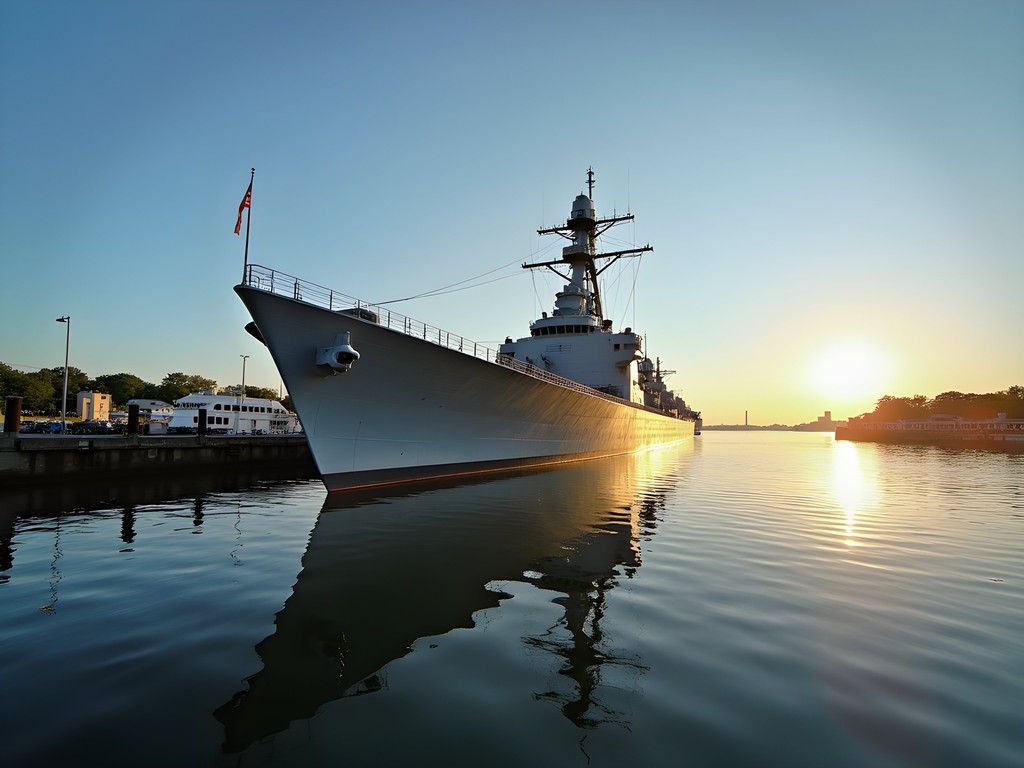 USS Massachusetts battleship at Battleship Cove in Fall River with morning light